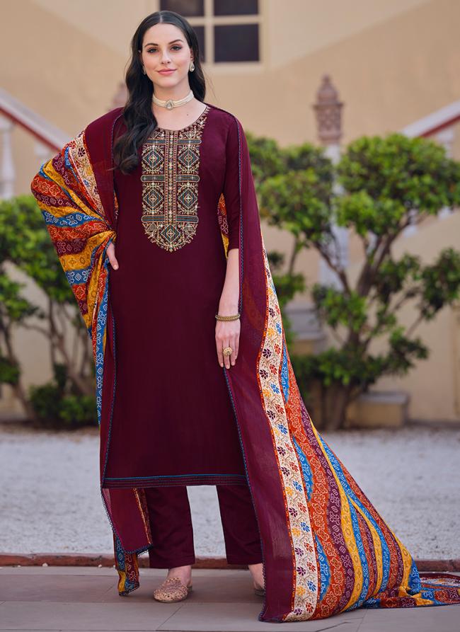 Viscose Rayon Wine Casual Wear Swaroski Work Straight Salwar Suit 